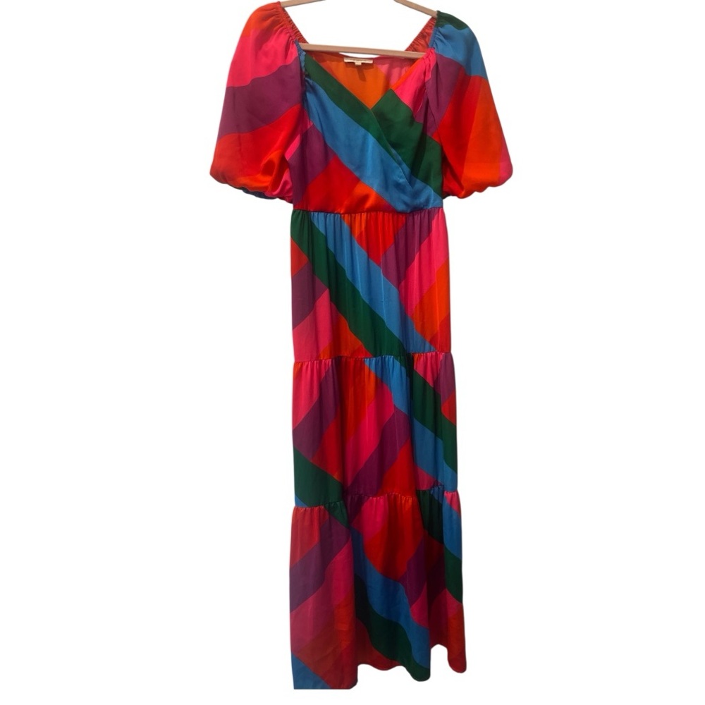Skies Are Blue Bold Colorful Tiered Maxi Dress Puff Sleeve faux wrap size XS
